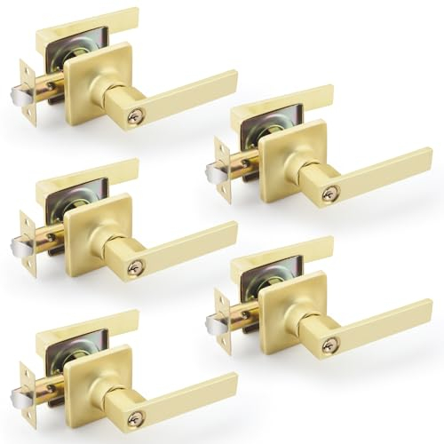 EHOMEWARE 5 Pack Keyed Alike Gold Door Handles with Keys, Satin Brass Door Locks with Keys, Interior Door Knobs for Bedroom or Living Room, Reversible Design