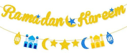 Ramadan Dekoration Girlande - 2 Pack/ 6M Glitzer Gold Ramadan Deko Banner Ramadan Kareem Girlande Mond-Sterne Laterne Girlande Islam Deko für Ramadan Eid Mubarak Party Dekoration