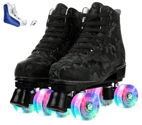 XUDREZ Rollschuhe für Damen und Herren, hochgeschlossen, beleuchtet, Derby-Skates, zweireihig, Unisex, für Jungen und Mädchen, für Anfänger, drinnen und draußen, mit Schuhtasche, Schwarz mit