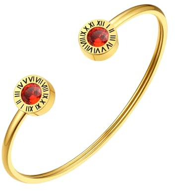 FindChic Roter Stein Armreif Damen Edlestahl Römische Ziffer Goldarmbänder Geburtsstein Rubin Armkette Offen Armschmuck für Muttertag Valentinstag Geburtstag Weihnachten
