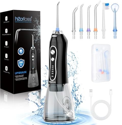 Idropulsore Dentale Portatile H2ofloss, Irrigatore Orale Senza Fili con 5 Modalità e 6 Ugelli, Ricaricabile Impermeabile IPX7, Idropulsore da 300ml per Casa e Viaggio