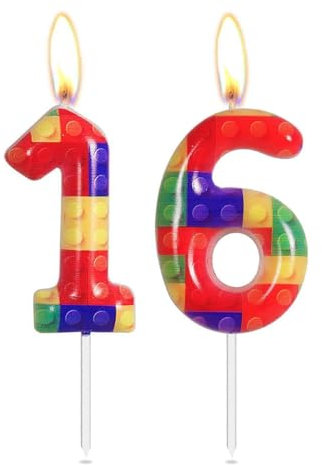 Building Blocks Birthday Candles, 16th Birthday Candles, Rainbow Number 16 Candles, Red, Yellow, Green, Blue Candle for Cake, Building Block Themed for Girls Boys Birthday Party Decorations Supplies