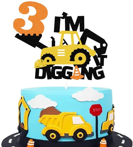 Construction 3rd Birthday Cake Topper, Excavator Bulldozer Road Roller Truck, Engineering Themed Party Supplies Decoration, for Boys