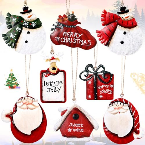 WILLBOND 8 Stück Weihnachten Zinn Metall Ornamente Zinn Weihnachtsmann Dekorationen Schneemann Rentier Weihnachtsschmuck für Feiertagsfeiern Home Motto Party Dekoration