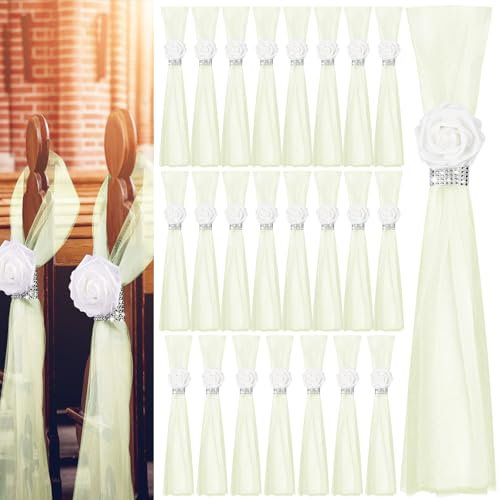 Olgaa Hochzeit Gang Dekorationen für Zeremonie 24 Stück Hochzeit Stuhl Kirche Blumen Kirche Dekorationen mit künstlichen weißen Rosen Blumen und Strass für Hochzeiten Party Bank Pew Gang Dekor (Grün)