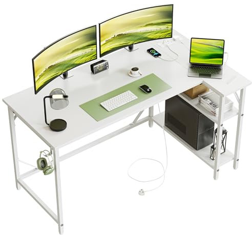 DOMSHOCT Small L Shaped Gaming Desk with Power Outlets, 140x70cm Corner Computer Table with Large Reversible Storage Shelves, Home Office PC Workstation with Hooks for Writing Study, White