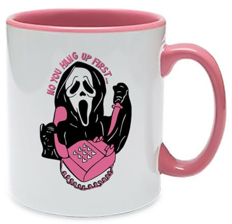 No You Hang Up First, Horror, Ghostface, Ghost Mask, Halloween, Inside Coloured Mug, Ceramic Coffee, Tea Mug. (Pink)
