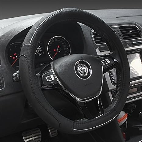 LOTEZAVA Lenkradbezug in D-Form, weiches PU-Leder, Mikrofaser, Sport-Stil, rutschfest, atmungsaktiv, Auto-Lenkradbezug, passend für 36,8 cm - 38,1 cmAutozubehör für Damen und Herren (Black)