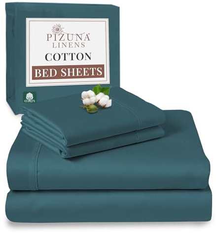 Pizuna 100% Cotton Super King Bed Sheet Set Peacock Blue, 400 Thead Count Long Staple Cotton Bedding Set 300x280 cm, Soft Sateen 4 PC King Bed Sheet Set -Fitted Sheet, Flat Sheet & 2 Pillowcases