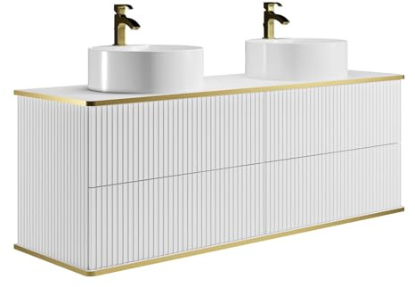 Vente-unique-Mobile bagno sospeso scanalature profilo dorato doppio lavabo da appoggio tondo 150 cm Bianco - KELIZA