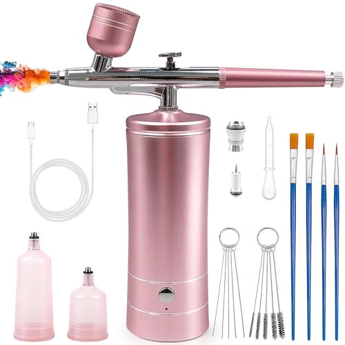 Airbrush Kit with Compressor, Rechargeable Cordless Air Brush Set, Portable Airbrush for Nails, Handheld Airbrush Gun Machine for Makeup, Nail Art, Painting, Cake Decor (Pink)