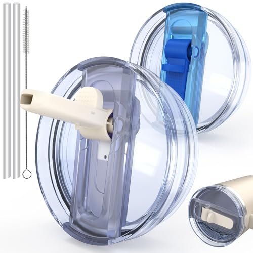 2 PCS Spill Proof Tumbler Flip Straw Lid for Stanley Cup 30oz, Replacement Leak Proof Tumbler Lid Fit for Stanley Quencher, Reusable Tumbler Cover 30oz Stanley Cup Accessories(Cream+Blue)