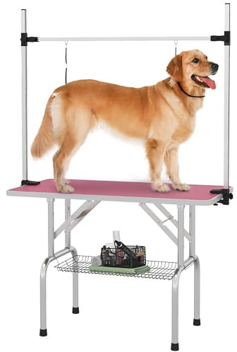 PawHut 42 Foldable Dog Grooming Table Adjustable Pet Cat Drying Beauty Table Rubber Top with 2 Loops Storage Basket Metal Pink