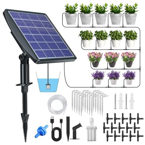 Sistema di irrigazione solare, irrigazione automatica per giardino, sistema di irrigazione automatico a goccia con tubo da 15 m, 15 vasi, dispositivi di auto-irrigazione con timer, per piante in vaso