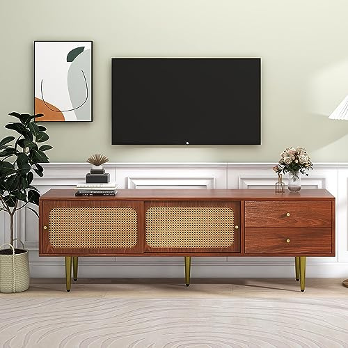 Meuble TV vintage de 160 cm pour téléviseurs de 5565 pouces en bois avec portes coulissantes en rotin et tiroirs pratiques Finition noyer