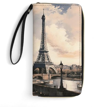 SMAZDFXX Leder-Geldbörse im Vintage-Stil mit Eiffelturm-Motiv, Paris, glatter Reißverschluss, Clutch, Armband, Reisetasche, lang, weich, für Damen