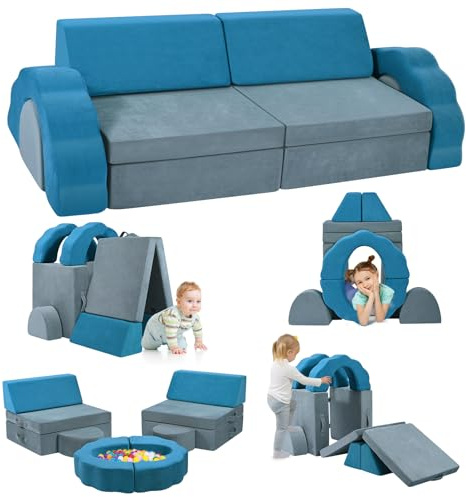 Ovshnrr Children's Sofa, Modular Soft Play Couch, Kid's Game Foam Building Blocks, High Stability, Convertible Sofa for Boys and Girls to Develop Intelligence (Gray Blue)