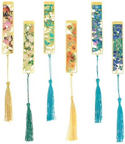 Ouligay 6 pièces de marque-pages en métal fleuri style peinture à l'huile vintage or creux avec pompon, marque-page cadeau pour les amoureux des livres, meilleure amie, marque-page floral pour les
