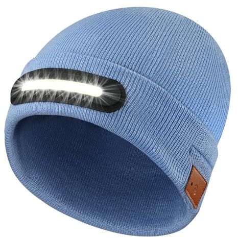 RANCOVY Mütze mit LED Licht, Wiederaufladbare USB Stirnlampenmütze Winter Warme Strickmütze LED Beanie Mütze mit Licht für Herren Damen