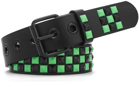 Snceaw, Nietengürtel, Metall-Punk-Rock-Gürtel mit glänzenden Pyramidennieten für Damen und Herren, Grün , 35-40W