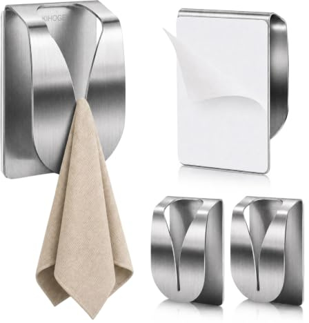 KIHOGEM 4Pcs Adhesive Kitchen Towel Holders | Stainless Steel Kitchen Towel Hooks Holder, Wall Mount Non Drilling Dish Towel Holder Hangers for Kitchen Bathroom Cabinet