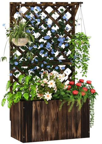 Outsunny Hochbeet Holz Pflanzkasten mit Sichtschutz Dach Verkohlt | Rankgitter, Spalier, Pflanzkübel, Blumenkasten, Gartenspalier, für Garten Balkon Terrasse, für Kletterpflanzen 64x33x122cm