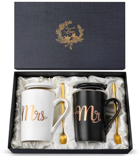 Couple Gifts, Engagement Gifts for Couple, Wedding Gift for Bride and Groom | 14OZ Matt Ceramic Mr and Mrs Mugs, Elegant Gift Box, Gift for Bridal Shower Anniversary Valentines, Dishwasher Safe
