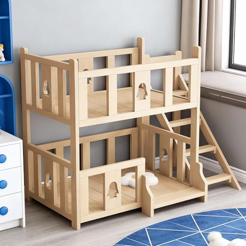 Blazea Window Double Layer Pet Bed, Removable Dog Bunk Beds for Small Medium Dogs, Home Indoor Solid Wood Pet Bunk Bed with Stairs & Guardrail(Large)
