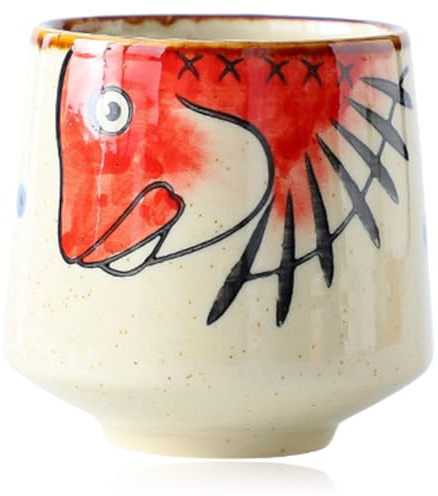 Sewroro Tasse à Saké en Céramique Peinte la Main, Tasse à Thé Japonaise en Porcelaine, Motif Tête de Poisson Rouge, Résistante Haute Température, pour Thé Matcha et Boissons Asiatiques,