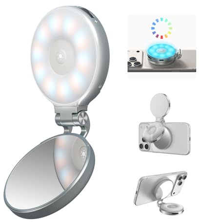 TELESIN 4-in-1 Magnetic RGB Selfie Ring Light with Phone Stand | 2500K-7000K Rechargeable LED Video Light with Mirror, MagSafe Compatible for iPhone/Android, TikTok Vlog Makeup Streaming