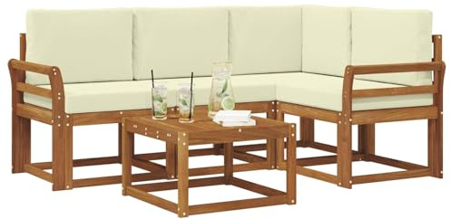 vidaXL Outdoor-Sofagarnitur mit Kissen 5 pcs Natur und Creme, Garten-Sofa-Set, Moderne Outdoormöbel, langlebige Lounge für die Terrasse, Bequeme Sitzgruppe