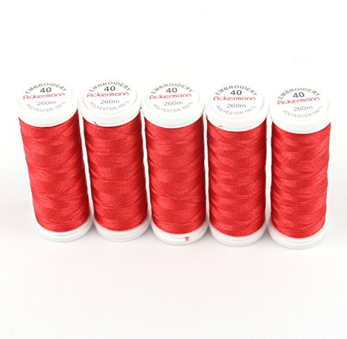 Ackermann® Embroidery (5X 260m) Maschinen STICKGARN, hochglänzendes und reißfestes Garn für die Näh- und Stickmaschine (2959 Rot 1)