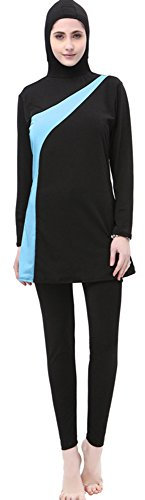 BOZEVON Women Full Length Muslim Swimwear Suit 2 Pieces Long Sleeve Swimsuit, Black+Blue, 2XL