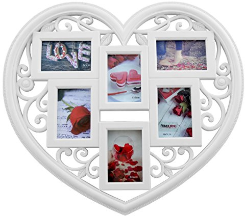 PrimoLiving Herz Bilderrahmen Collage P-048 – Fotorahmen in Herzform, weiß, 29,5x28 cm groß – für 7 Fotos in verschiedenen Formaten