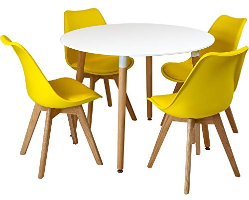Charles Jacobs White Circular Dinner Table Set with 4 Dining Chairs - Yellow