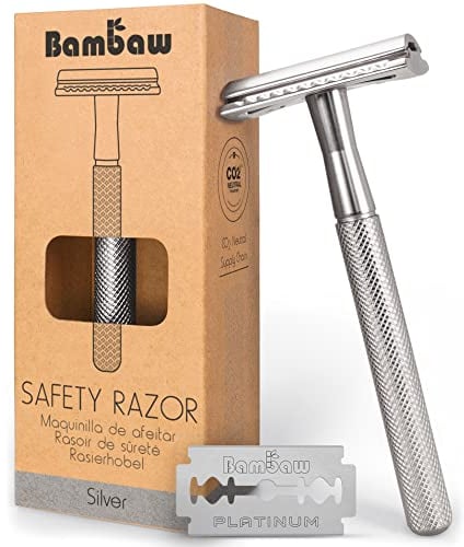 Bambaw Rasoir de Sûreté en Métal Argenté | 5 Lames | Pour Homme et Femme | Zéro Déchet | Compatible Avec Toutes Lames Doubles | Rasage Manuel