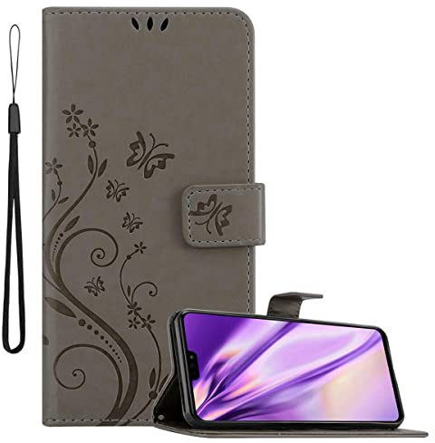 Cadorabo Hülle kompatibel mit Honor 8X Blumen Design aus Premium Kunst Leder Flip Klappbare Stoßfeste Magnetische [Standfunktion] [Kartenfächern] Cover Hülle für Honor 8X Tasche in Grau