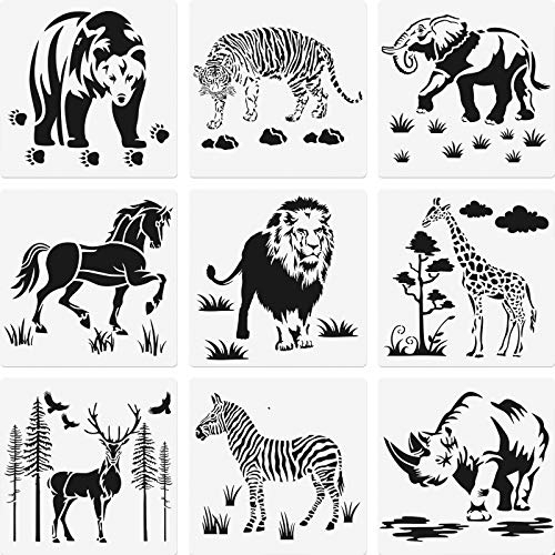 9 Stücke Tier Schablone Vorlagen 8 Zoll Wiederverwendbare Tier Malerei Schablone Bär Tiger Elefant Pferd Löwe Giraffe Zebra Nashorn Hirsch Handwerk Zeichnung Vorlage für Grußkarte