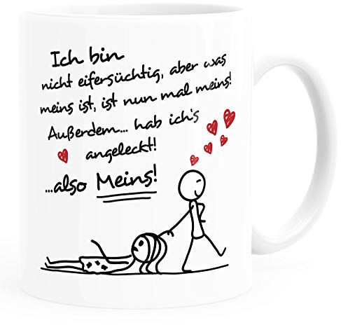 Moonworks® Kaffee-Tasse Ich bin nicht eifersüchtig, aber was meins ist, ist nun mal meins Geschenk Liebe Valentinstag lustig Mann weiß Keramik-Tasse