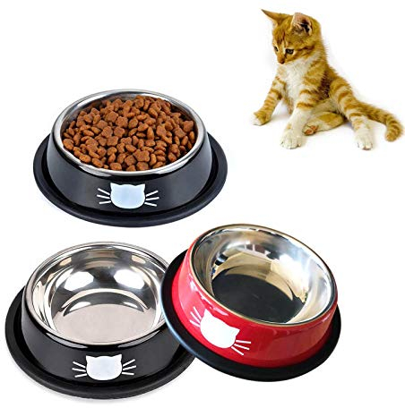SUOXU Rutschfester Futternapf aus Edelstahl, mehrfarbig, Mehrzweck-Katzen-Futternapf, Wassernapf, Katzen-Futternapf, Set mit 3 Metall-Katzennäpfen (schwarz x 2/rot)