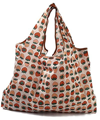 BEEFLYING 3 Stück Faltbare Umweltfreundliche Nylon-Einkaufstaschen Wiederverwendbare wasserdichte Einkaufstaschen Erdbeermuster Mit Beutel Und Taschengriff (52.5x60x0.15cm)