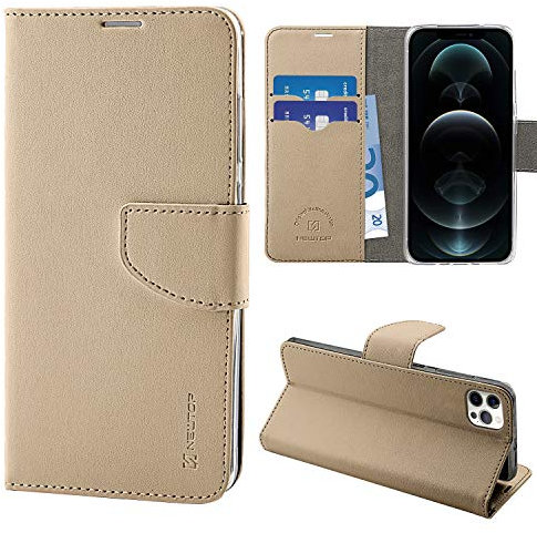 N NEWTOP Cover Compatibile con Apple iPhone 12 Pro Max, HQ Lateral Custodia Libro Flip Chiusura Magnetica Portafoglio Simil Pelle Stand (Oro)