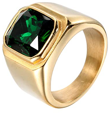 HIJONES Herren Stein Ring Vergoldet Edelstahl Große Quadratische Zirkonia Vintage Statement Ringe Grün Größe 60
