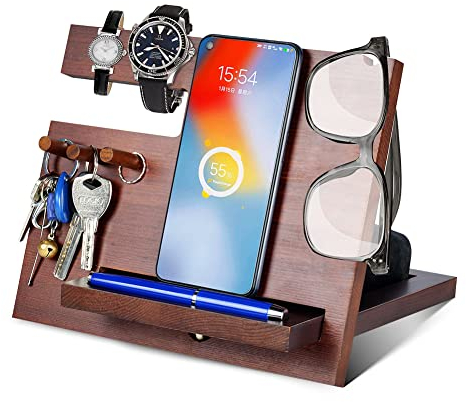 Birthday Gifts for Men, Wood Phone Docking Station, Bedside Table Organiser, Gifts for Dad, Mens Gifts for Husband Dad Gifts for Him Anniversary Xmas Presents for Men Nightstand Key Wallet Stand