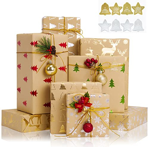 TOPTIME Christmas Wrapping Paper, Gold Foil Xmas Tree Elk Snowflakes, 6 Sheets Hot Stamping Recycled Gift Wrapping Paper Set w/8 Stickers, Brown Paper w/6 Bronzing Designs-Metallic Gold,Silver,70x50cm