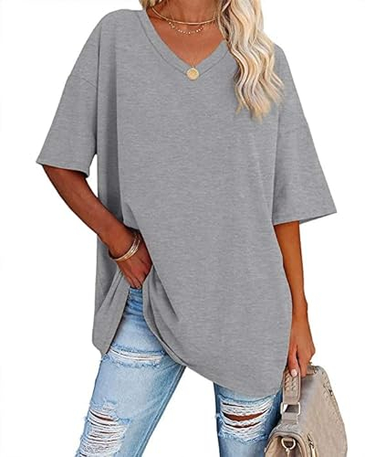 Ebifin Damen Oversize T Shirt mit V-Ausschnitt Kurzärmeliges Casual Lockere Basic Sommer Tee Shirts Bluse.Hellgrau.XL