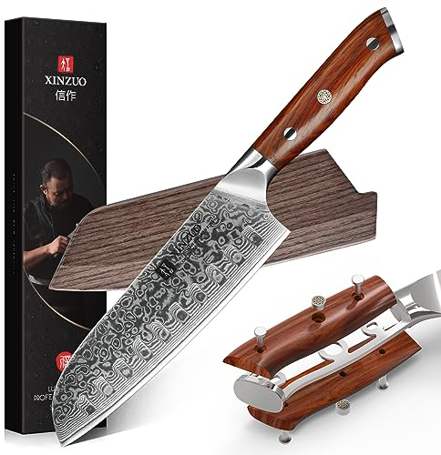 XINZUO 18cm Damaststahl Santokumesser, Damastmesser Chefmesser Profi geschmiedet Kochmesser, Scharfe Klinge Küchenmesser- ergonomischer Rosenholz Griff- mit Eschenholz Magnetscheide -Yu Series