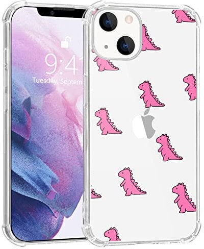 MAYCARI for iPhone XR Case Cute Pink Dinosaur Pattern Design Transparent Shockproof Anti-Scratch Soft TPU Cover with Air Cushion for Women Girls Protective Phone Case for iPhone XR