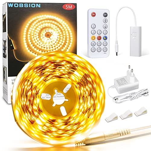 wobsion Led Streifen Warmweiss 5M,Led Strip Dimmbar Warmweiss mit RF-Fernbedienung,Led Band Warmweiß 3000K,300 Leds,Led Leiste Warmweiss für Beleuchtung Küche,Wohnzimmer,Arbeitszimmer,Schlafzimmer