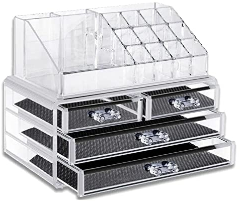 HH Home Hut Cosmetic Organiser Drawers Case Acrylic Clear Makeup Box Storage Bedroom Bathroom 4 Drawers Lipstick Makeup Brush Section Jewellery Display Box Case (DS5418N)